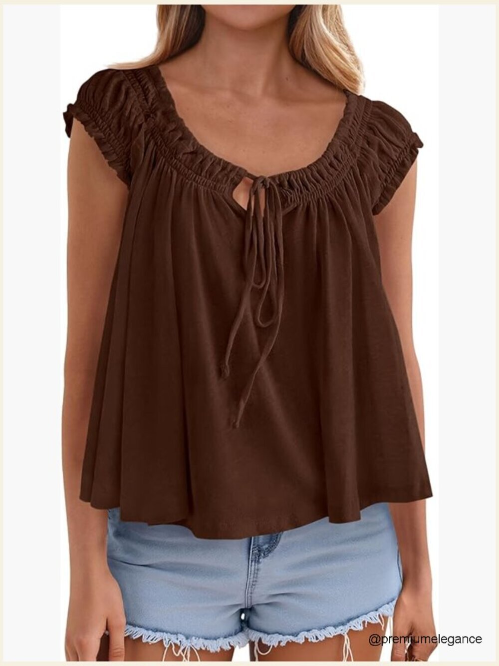 Babydoll Tank Top Ruffle Cap Sleeve Tie Front Flowy Blouse Going Out